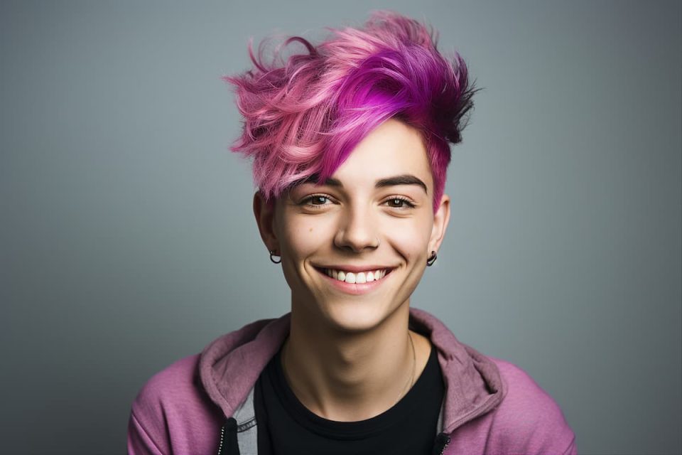 portrait of non-binary person with bright pink hair
