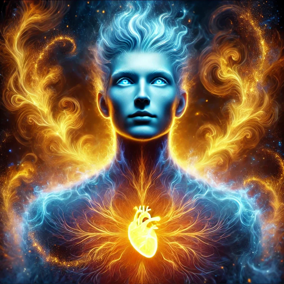 silhouette of a person with flames around them and a burning heart inside their chest